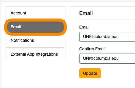 User Properties screen with Email selected from left sidebar
